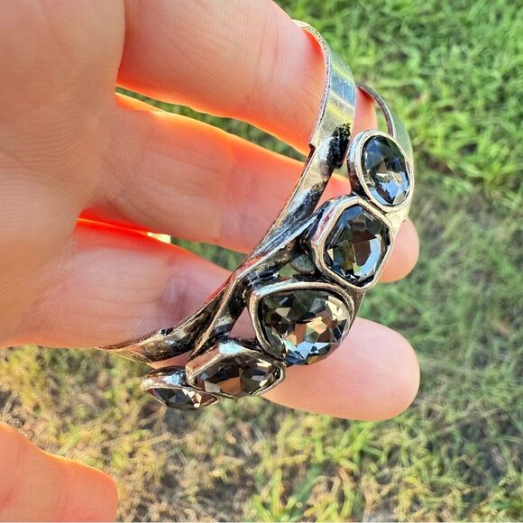 STATEMENT SILVER CUFF BRACELET LARGE FACETED SMOKY CRYSTALS –WOMEN’S BOLD DESIGN - Picture 12 of 17